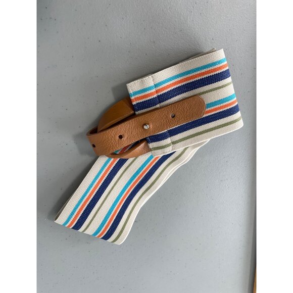 Striped Elastic Waist Wide Stretch Belt One Size Multicolor Beige Faux Leather - Picture 7 of 9